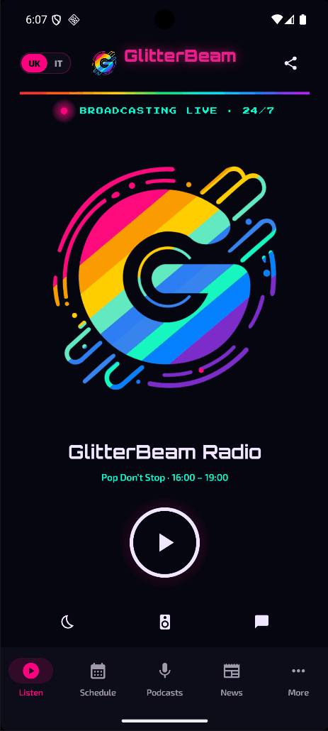 The GlitterBeam Android app’s player screen, showing the station artwork and playback controls.