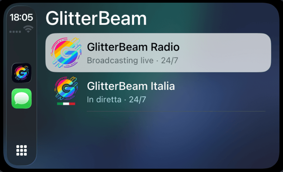 The CarPlay now-playing list showing two stations: GlitterBeam Radio, “Broadcasting live · 24/7”, above GlitterBeam Italia, “In diretta · 24/7”.