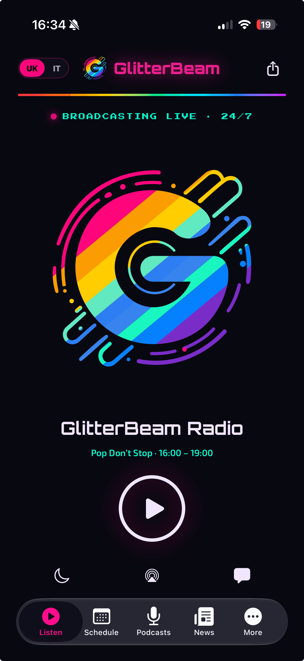 The GlitterBeam iOS app’s Listen screen: circular station artwork ringed by an orbiting arc, with the current show and a play button below.