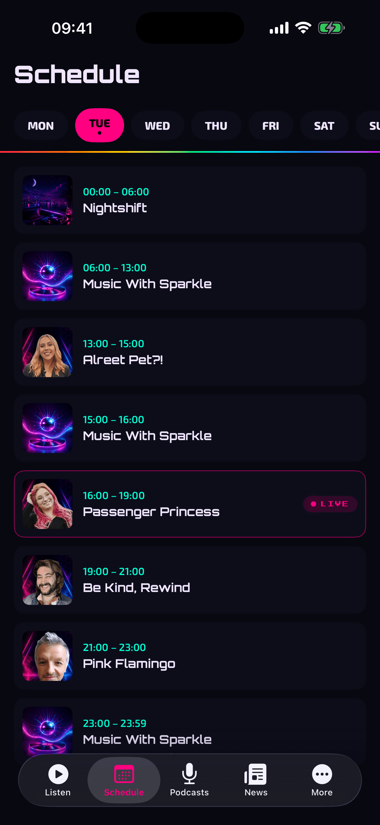 The iOS Schedule screen, listing the day’s shows with their times.
