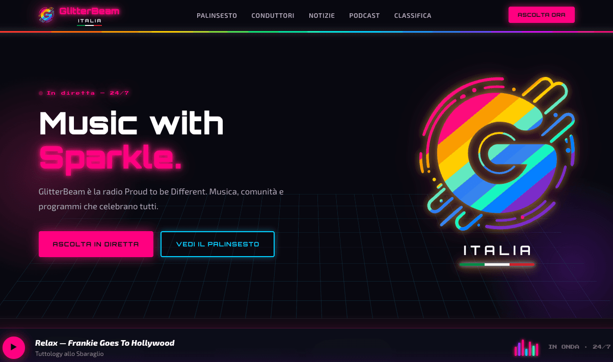 The GlitterBeam Italia homepage, in Italian, with the tricolour-tinted wordmark and an Italian navigation: Palinsesto, Conduttori, Notizie.