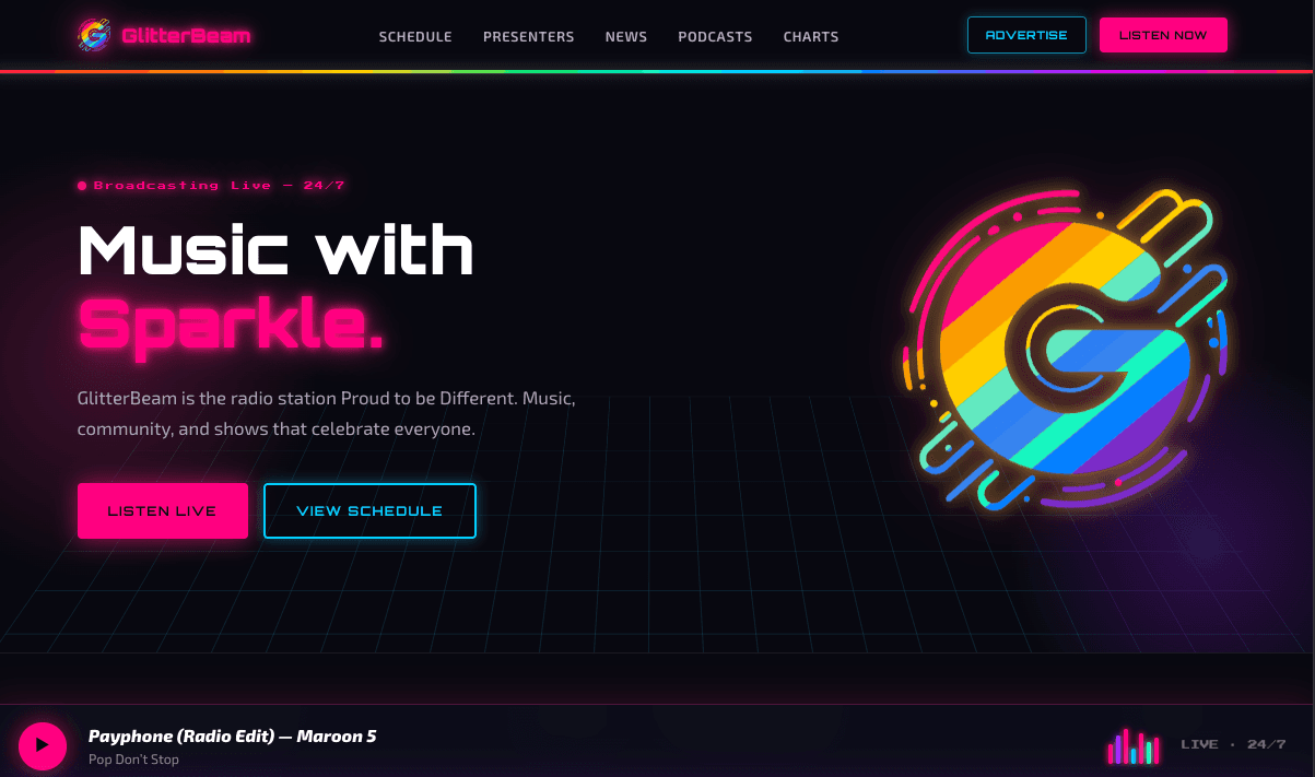 The GlitterBeam UK homepage: a “Music with Sparkle” hero beside the rainbow G mark, with a live player bar across the foot of the page.