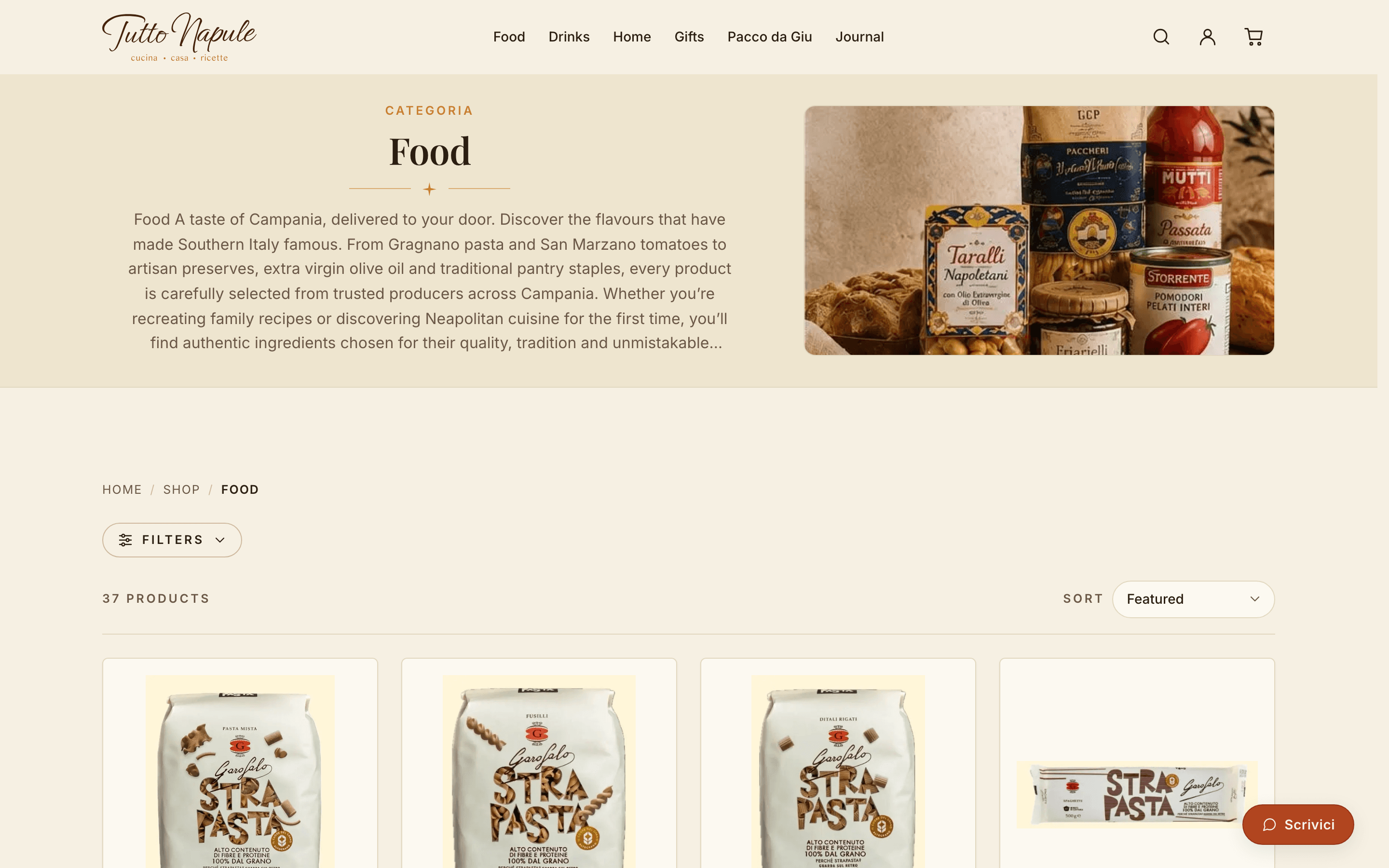 The Food collection: a category header over warm ivory, with breadcrumbs, a Filters control, a product count and a grid of hairline-framed product cards below.
