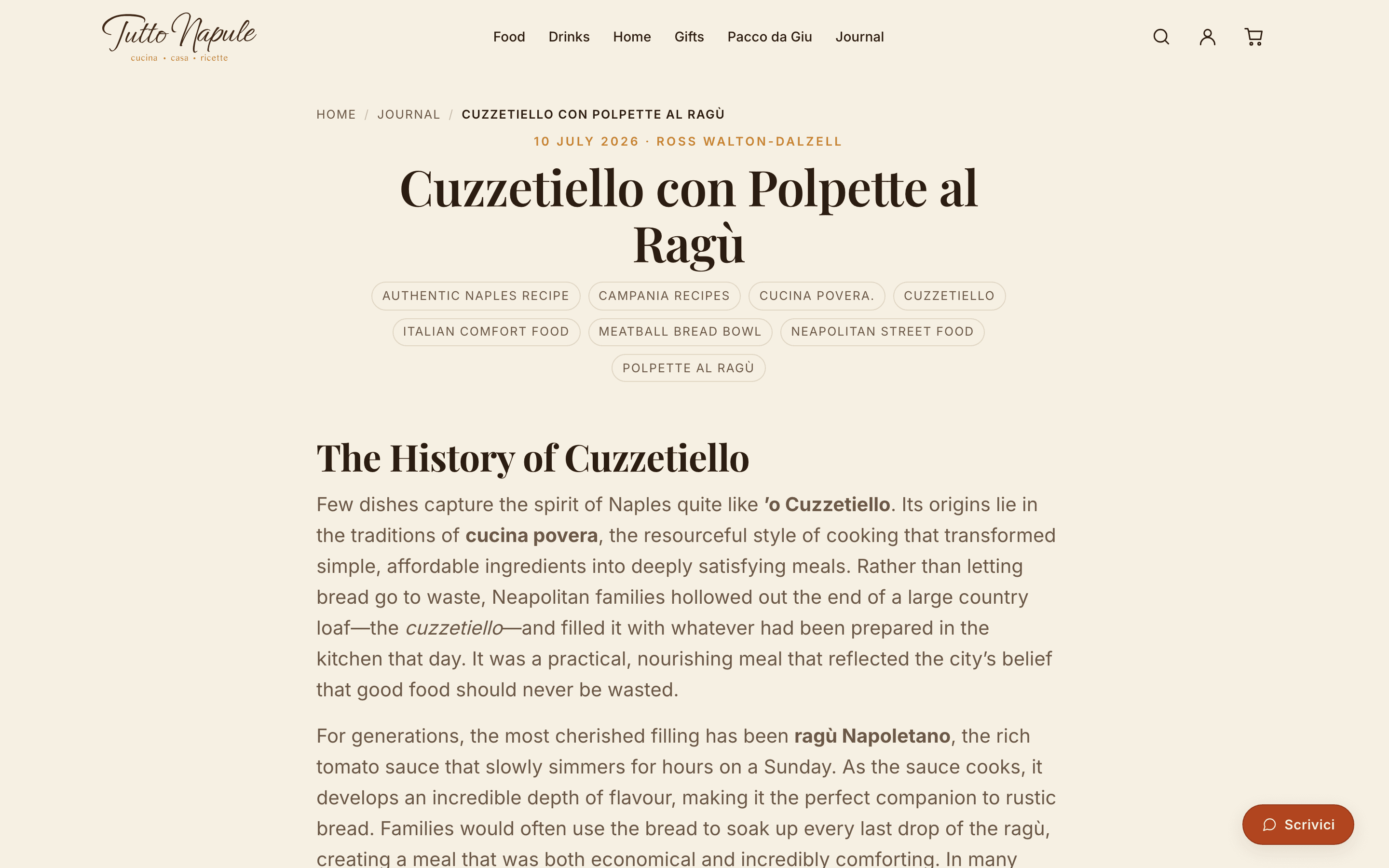 A journal article, Cuzzetiello con polpette al ragù, set as an editorial page with a serif headline over ivory.