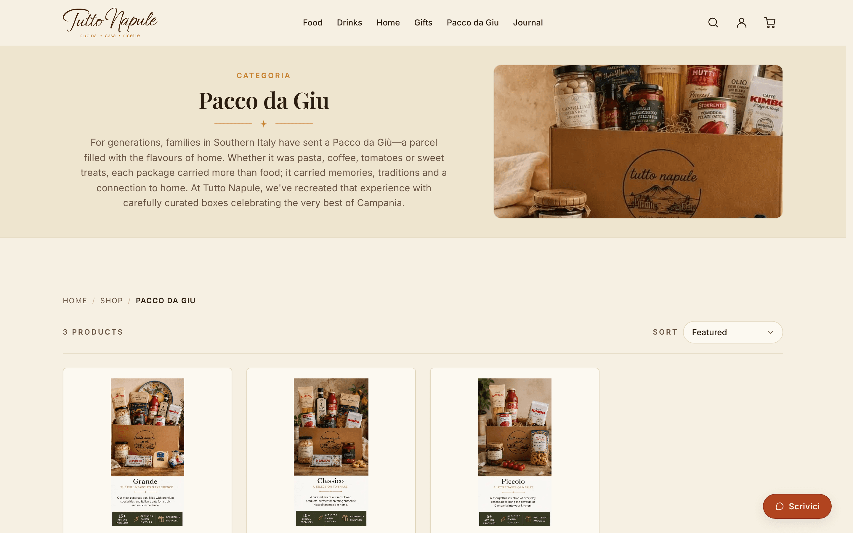 The Pacco da Giù collection page: a serif title over warm ivory, an intro about the Southern Italian tradition of posting a parcel home, and the three box sizes, Grande, Classico and Piccolo.